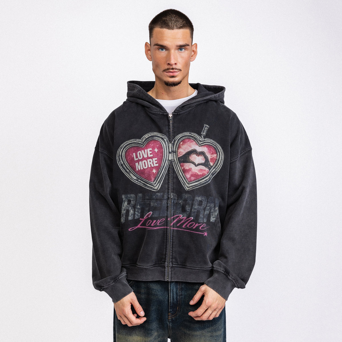 Love More Hearts Zip-Up Hoodie Vintage Black (PRE ORDER)
