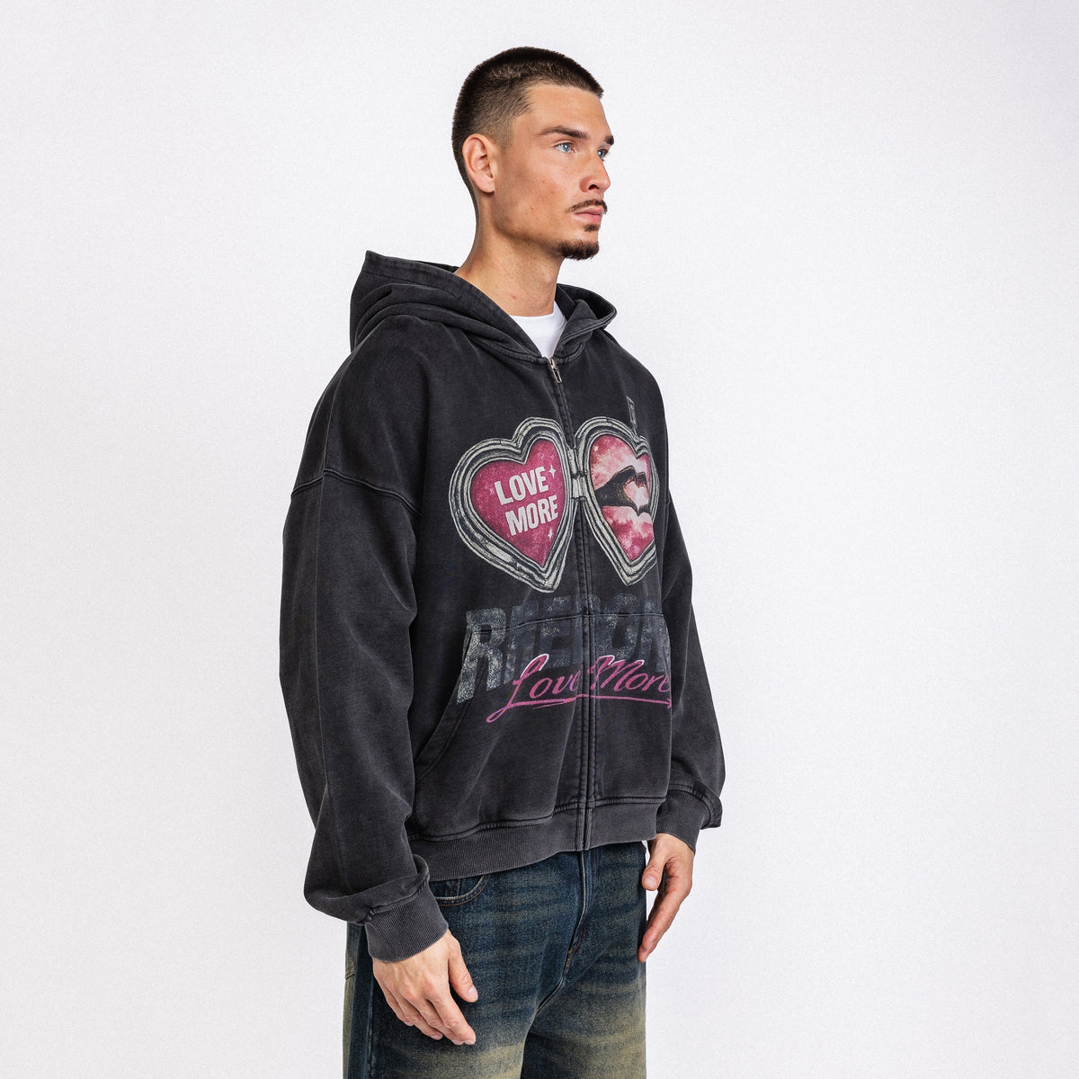 Love More Hearts Zip-Up Hoodie Vintage Black (PRE ORDER)
