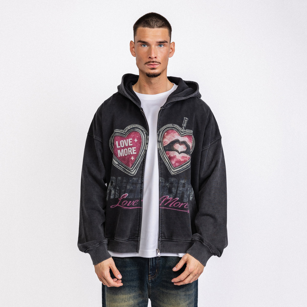 Love More Hearts Zip-Up Hoodie Vintage Black