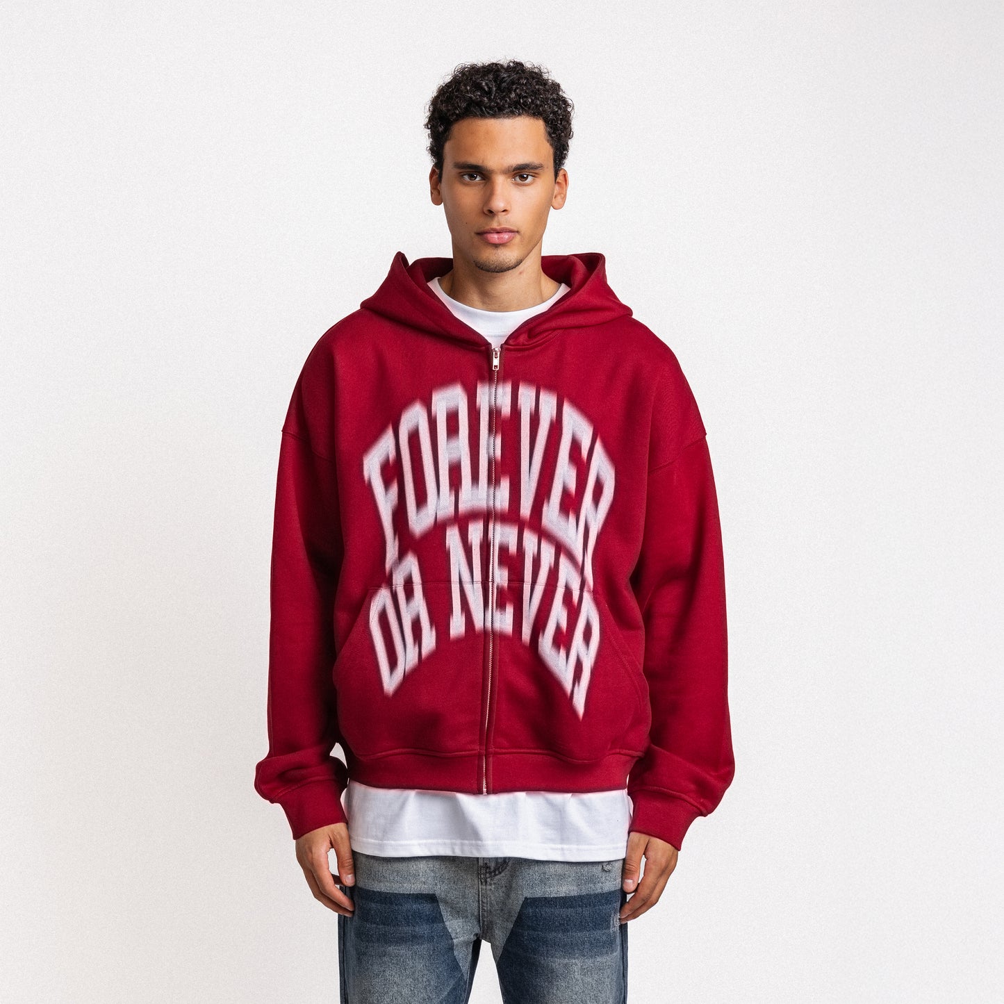 BLURRY FOREVER OR NEVER ZIP-UP HOODIE BURGUNDY