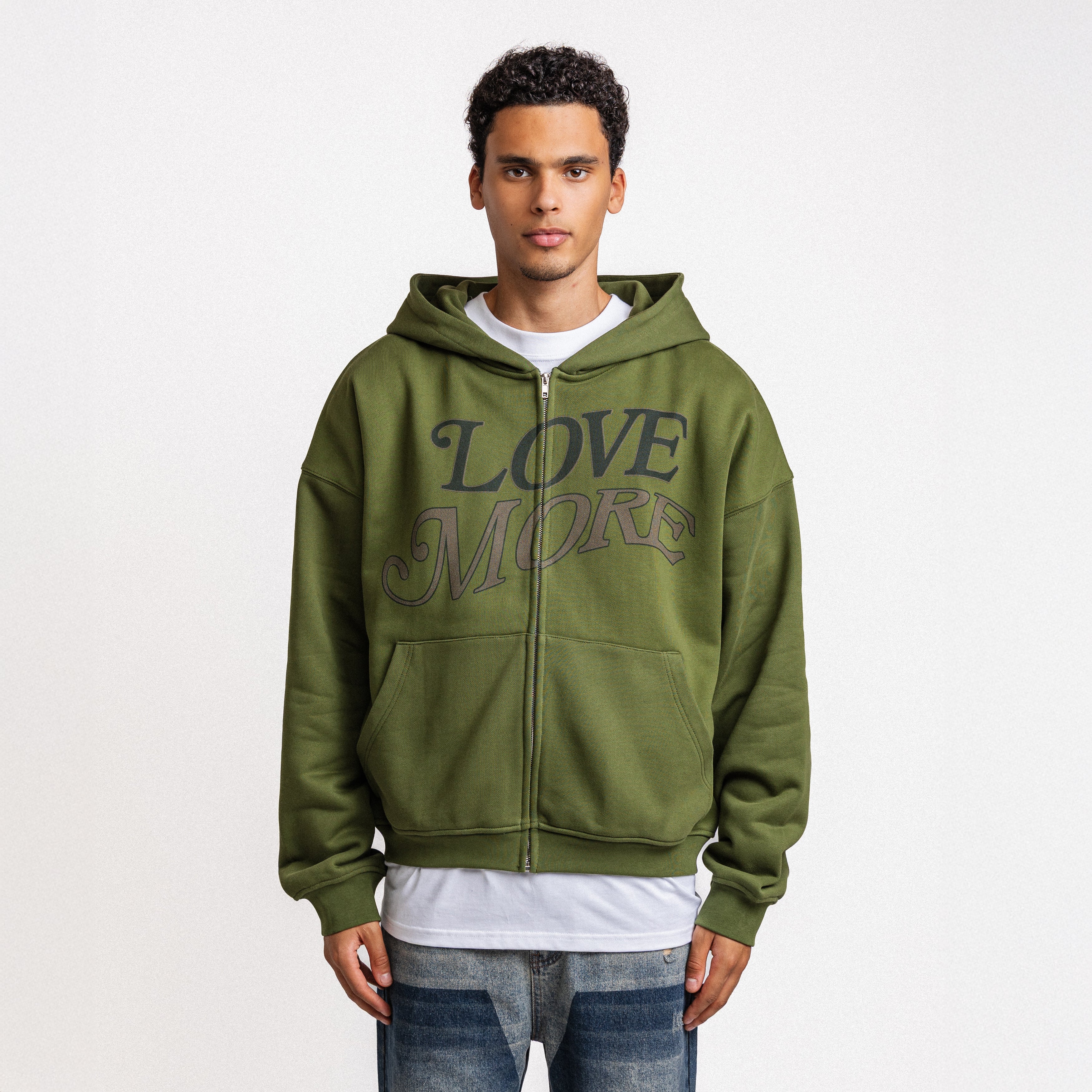 LOVE MORE ZIP-UP HOODIE ARMY GREEN