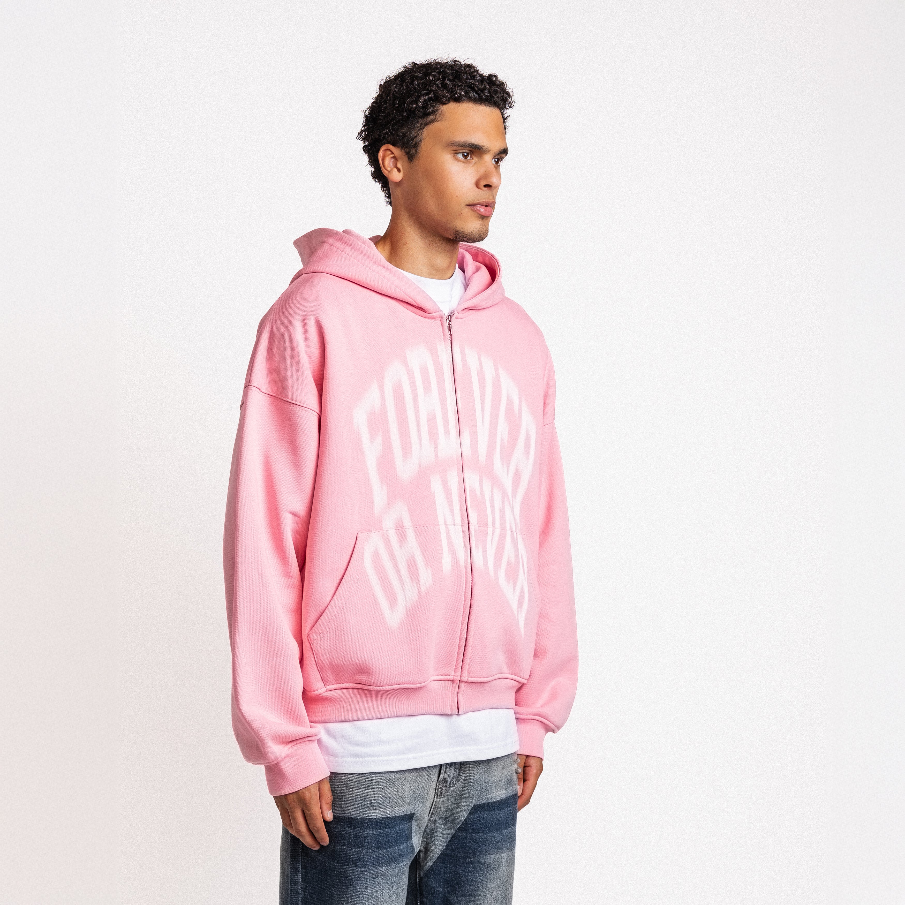 Blurry Forever Or Never Zip-Up Hoodie Pink