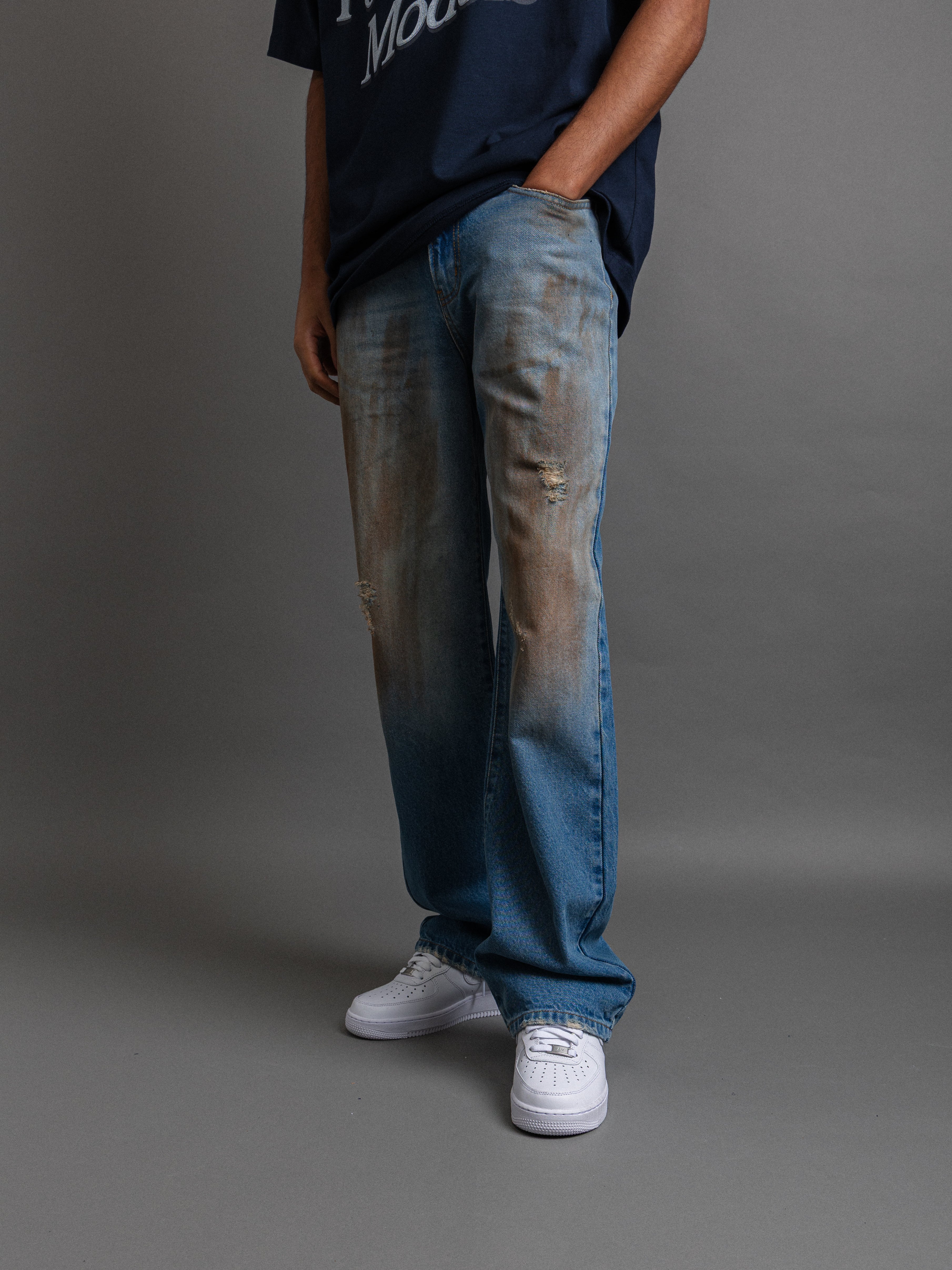 Light Blue Dirty Washed Straight Leg Jeans