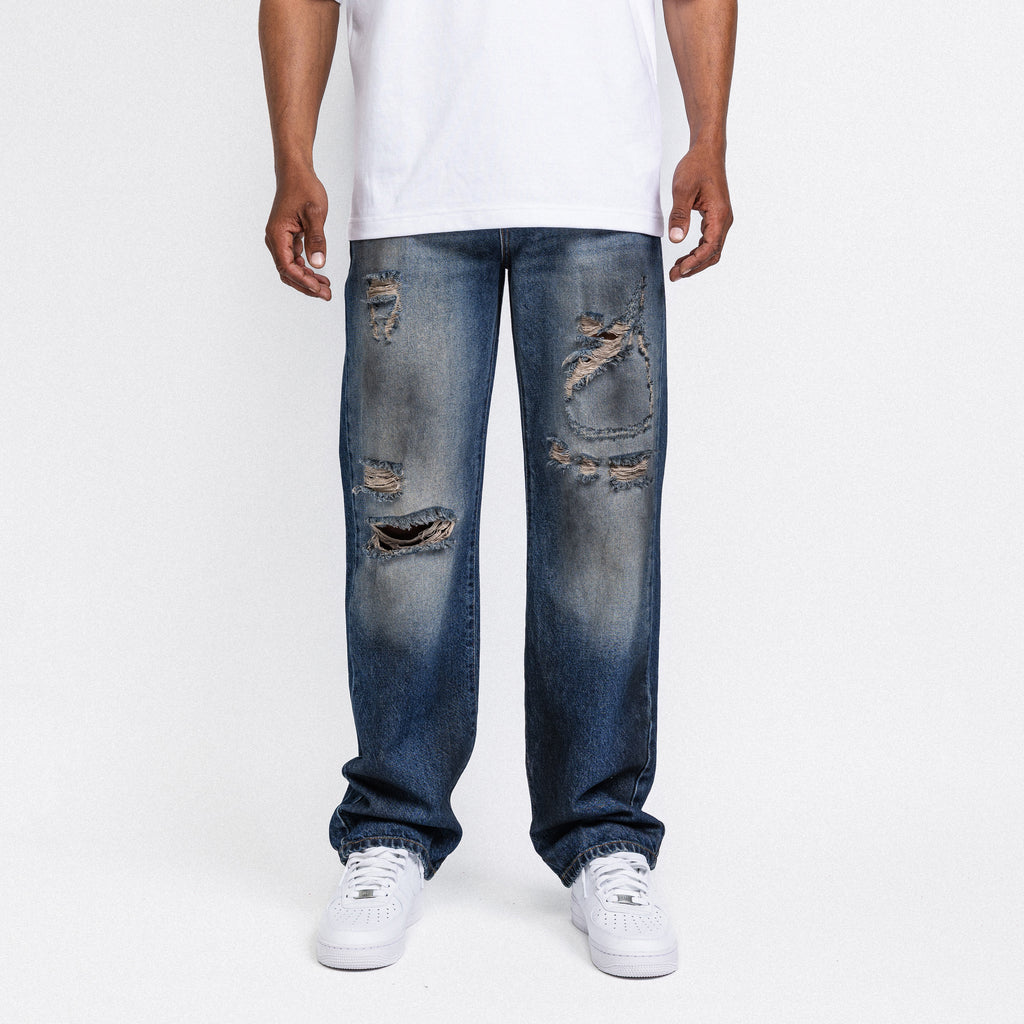 Dark blue destroyed straight leg jeans