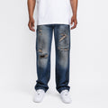 Dark blue destroyed straight leg jeans