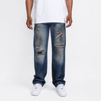 Dark blue destroyed straight leg jeans