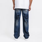 Dark blue destroyed straight leg jeans