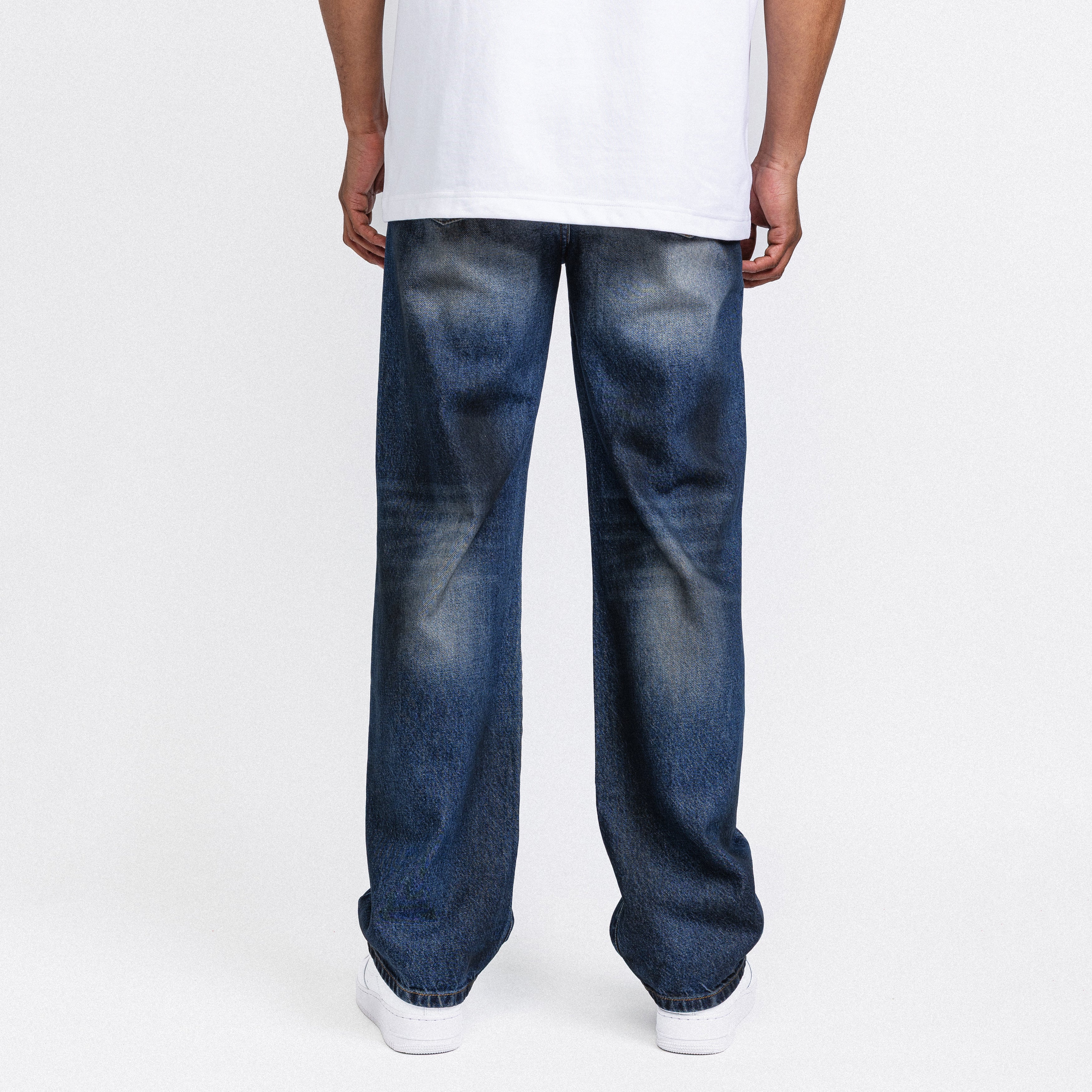 Dark blue destroyed straight leg jeans