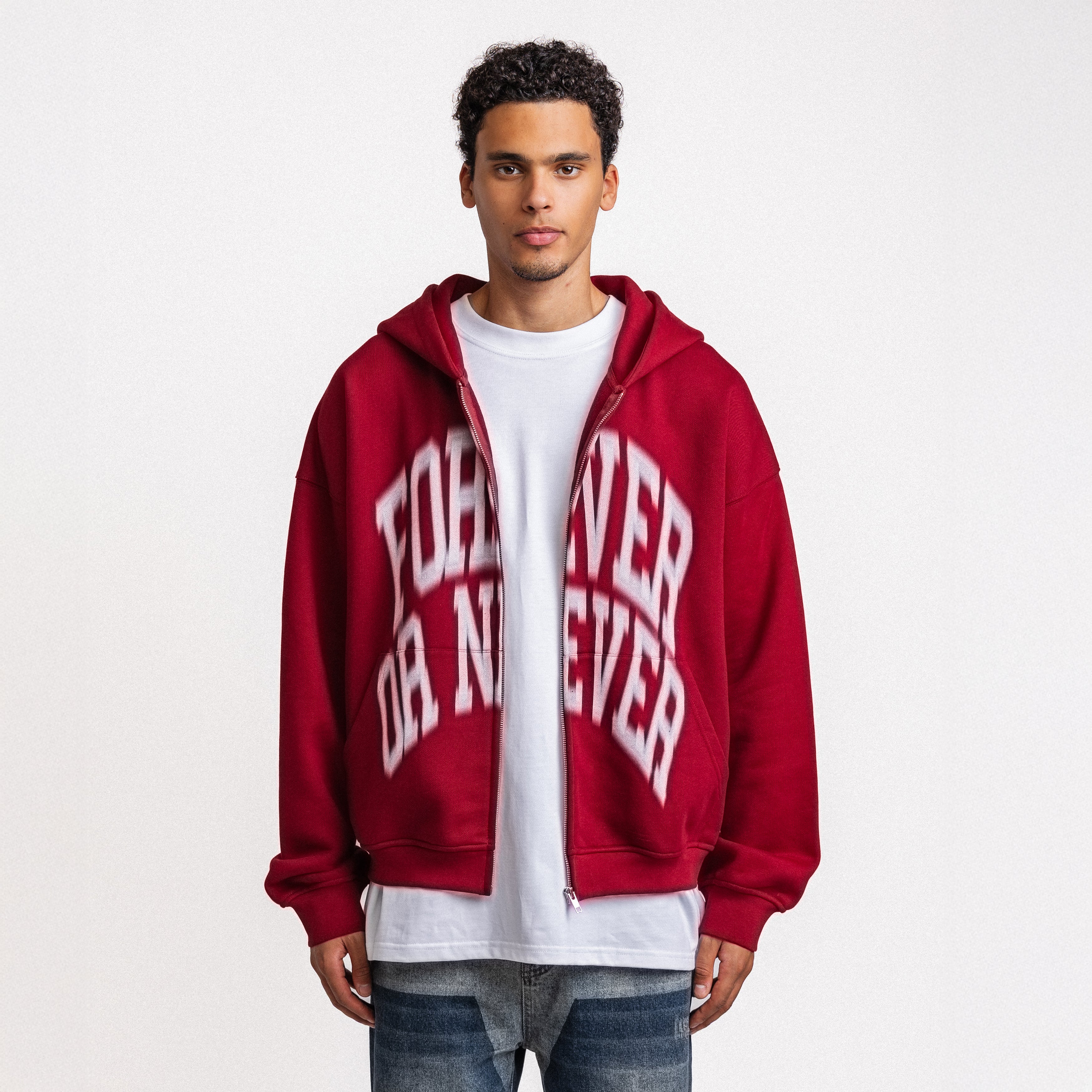 BLURRY FOREVER OR NEVER ZIP-UP HOODIE BURGUNDY