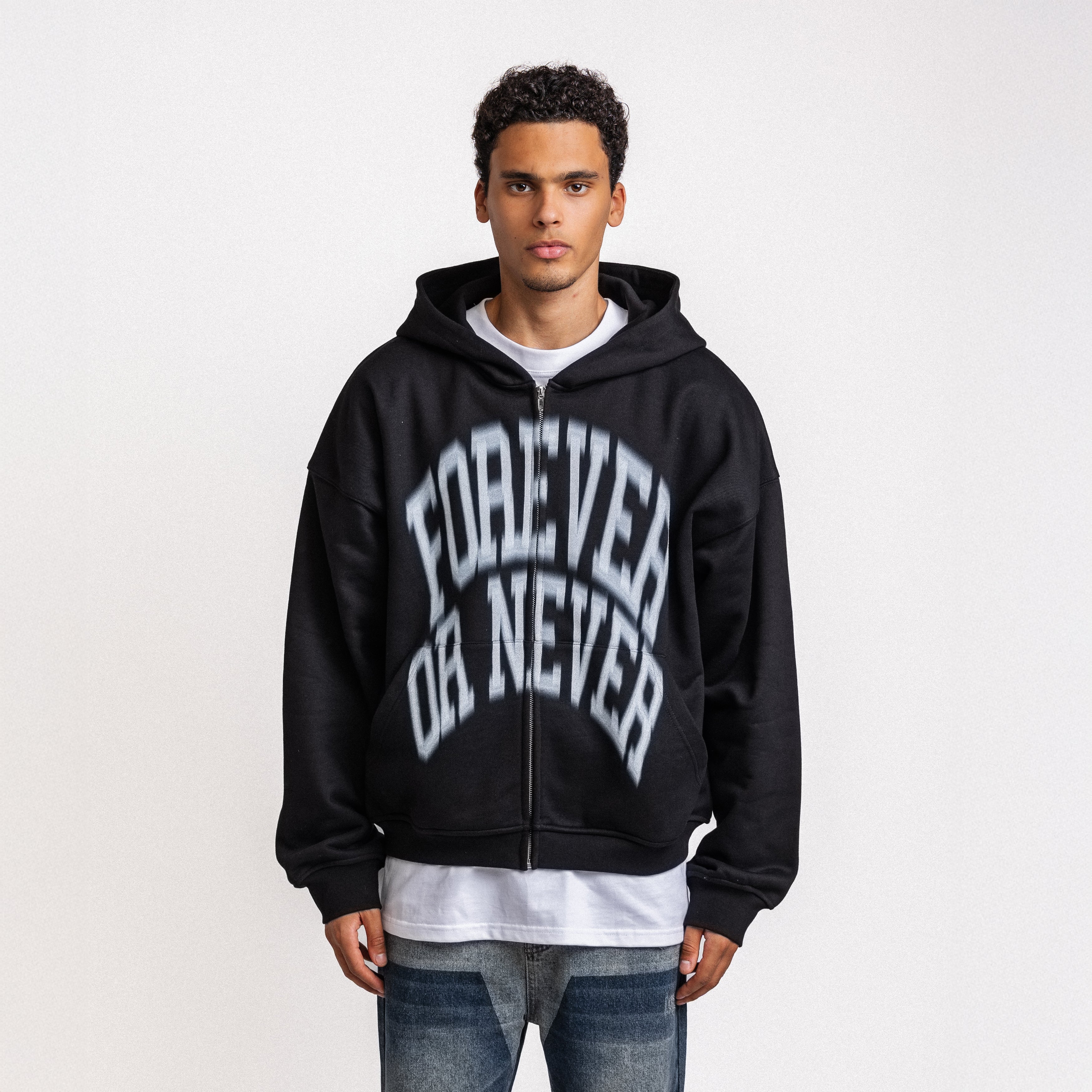 BLURRY FOREVER OR NEVER ZIP-UP HOODIE BLACK