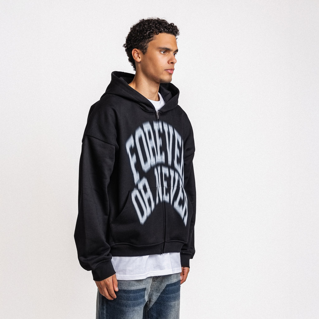 BLURRY FOREVER OR NEVER ZIP-UP HOODIE BLACK