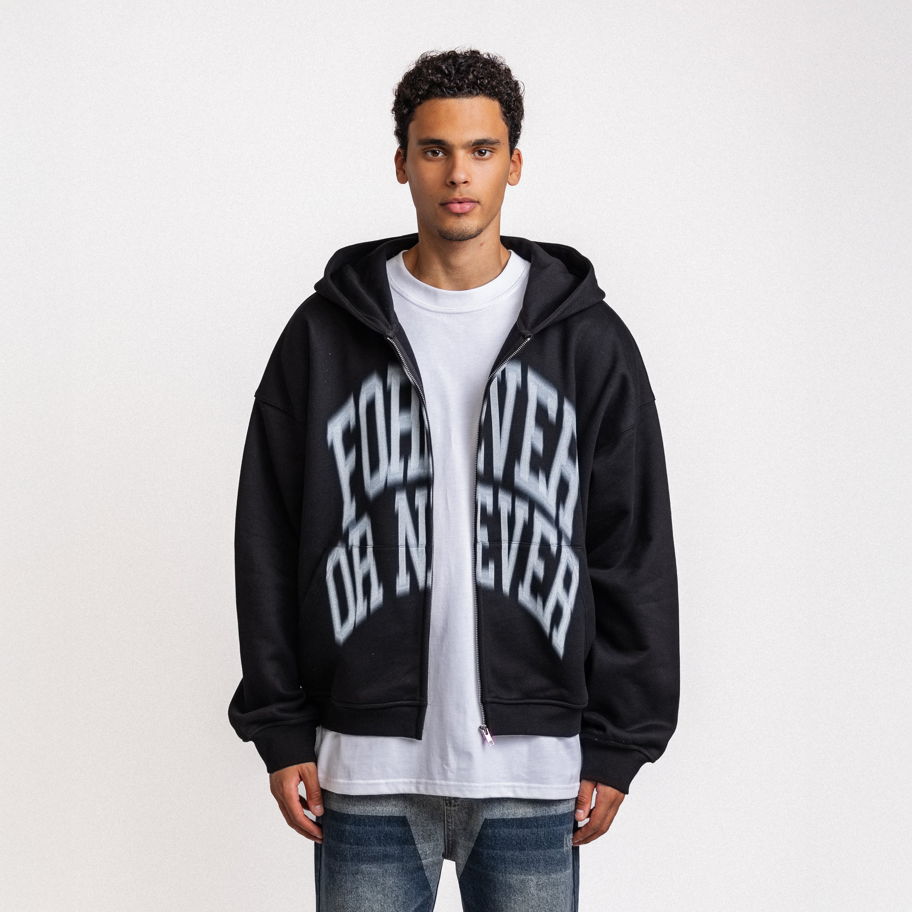 BLURRY FOREVER OR NEVER ZIP-UP HOODIE BLACK