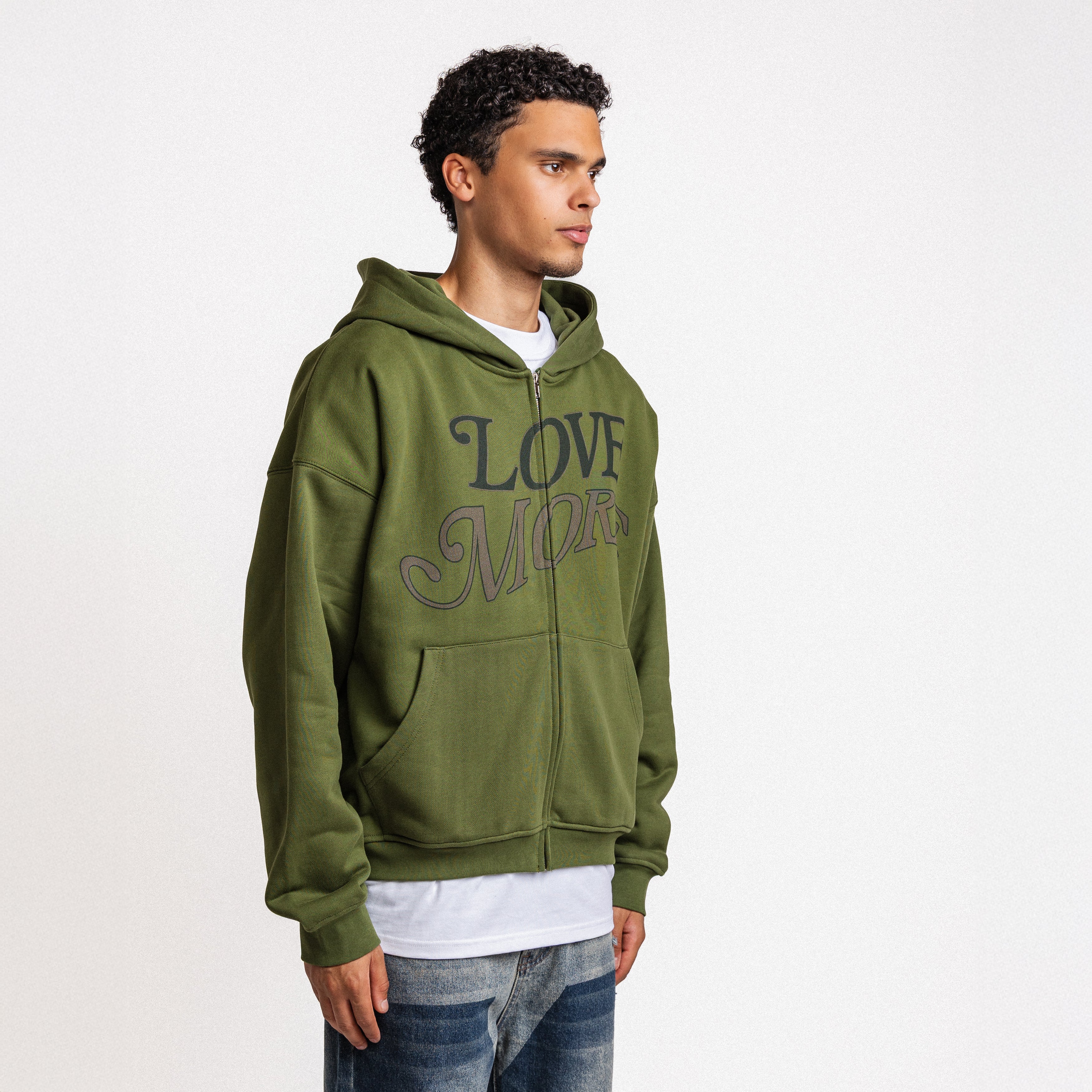 LOVE MORE ZIP-UP HOODIE ARMY GREEN