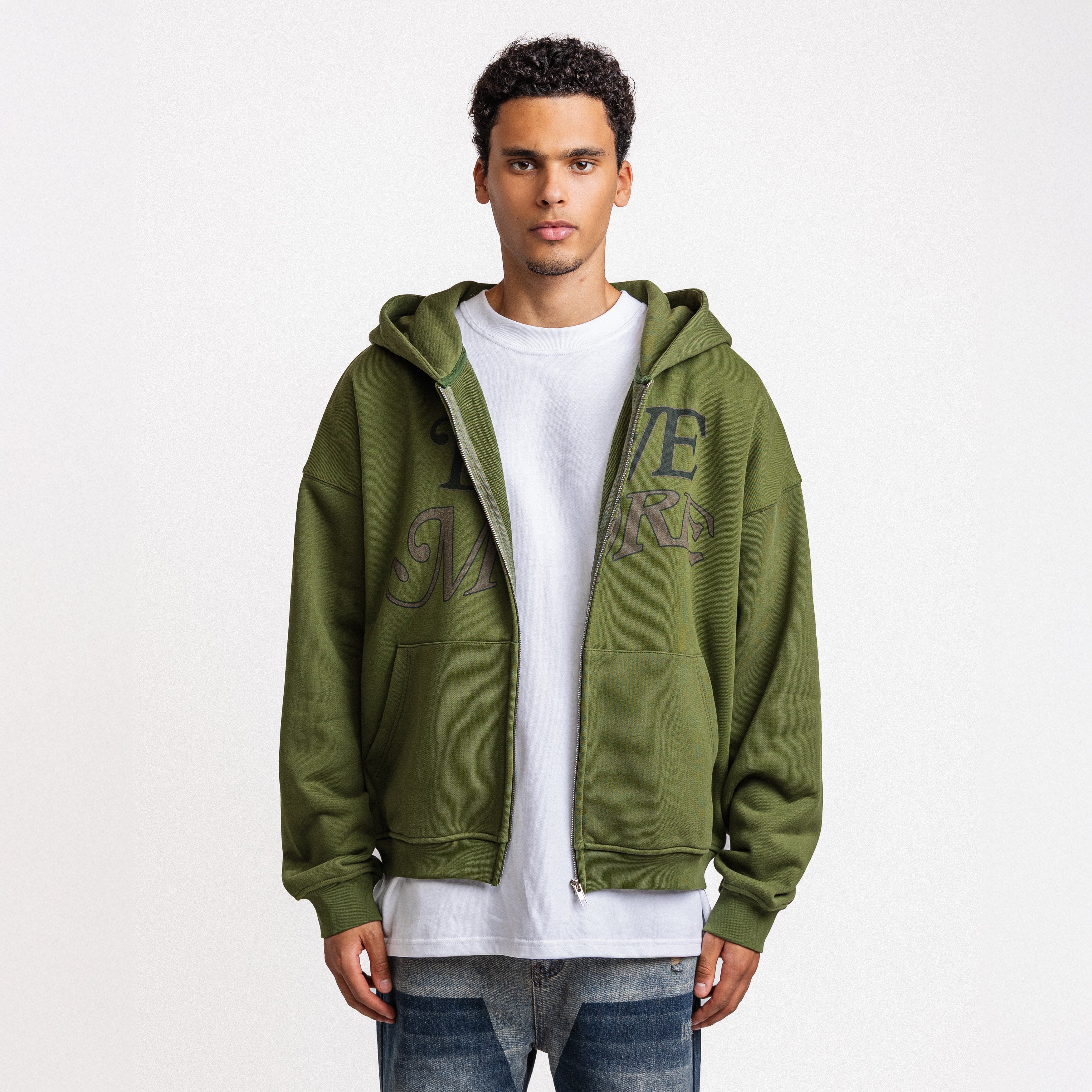 LOVE MORE ZIP-UP HOODIE ARMY GREEN
