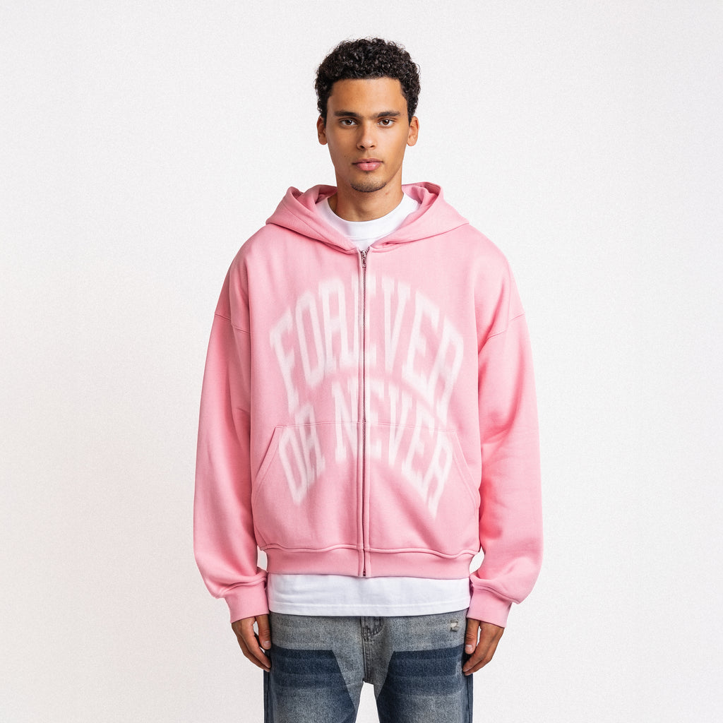 BLURRY FOREVER OR NEVER ZIP-UP HOODIE PINK