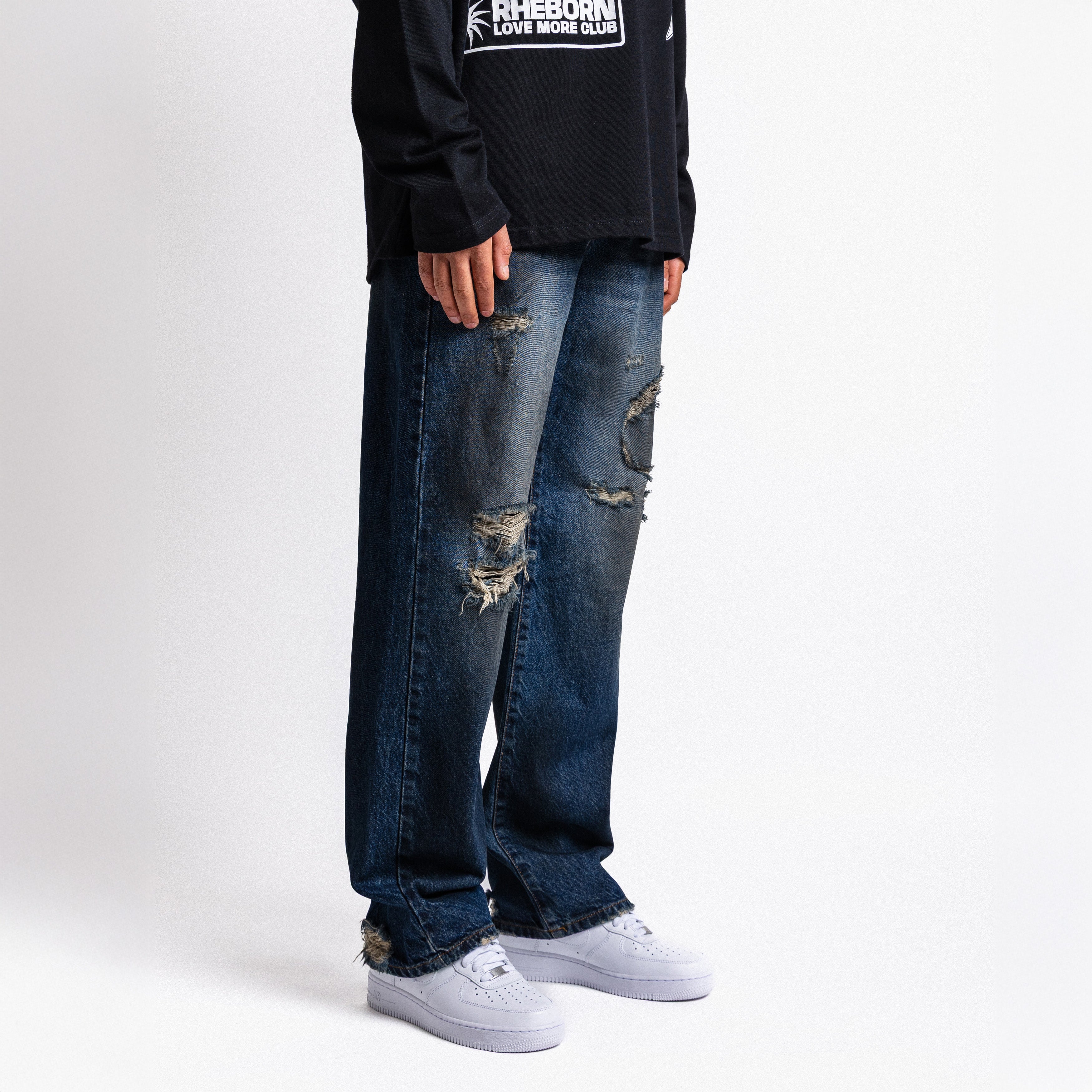 Dark blue destroyed straight leg jeans