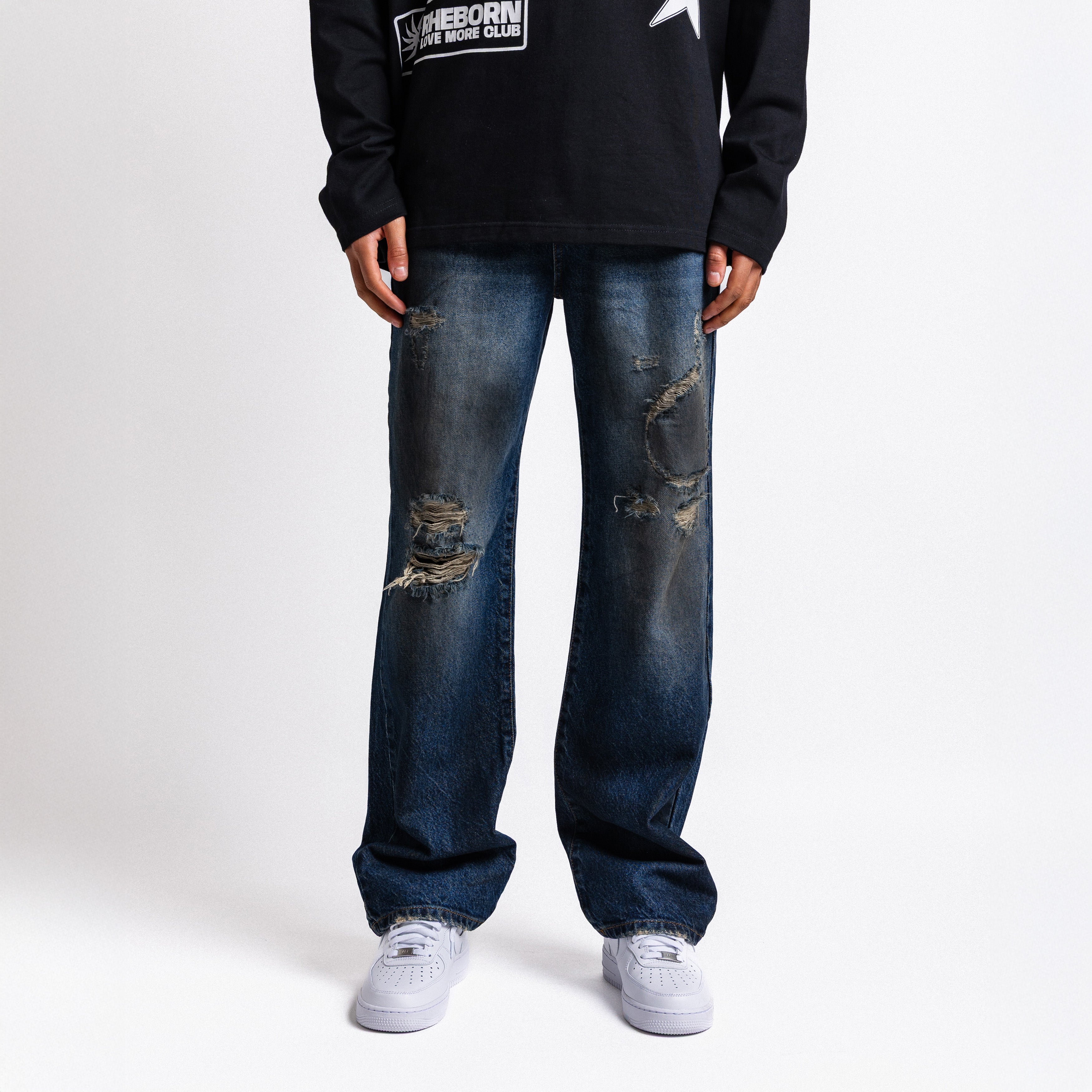 Dark blue destroyed straight leg jeans (PRE ORDER)