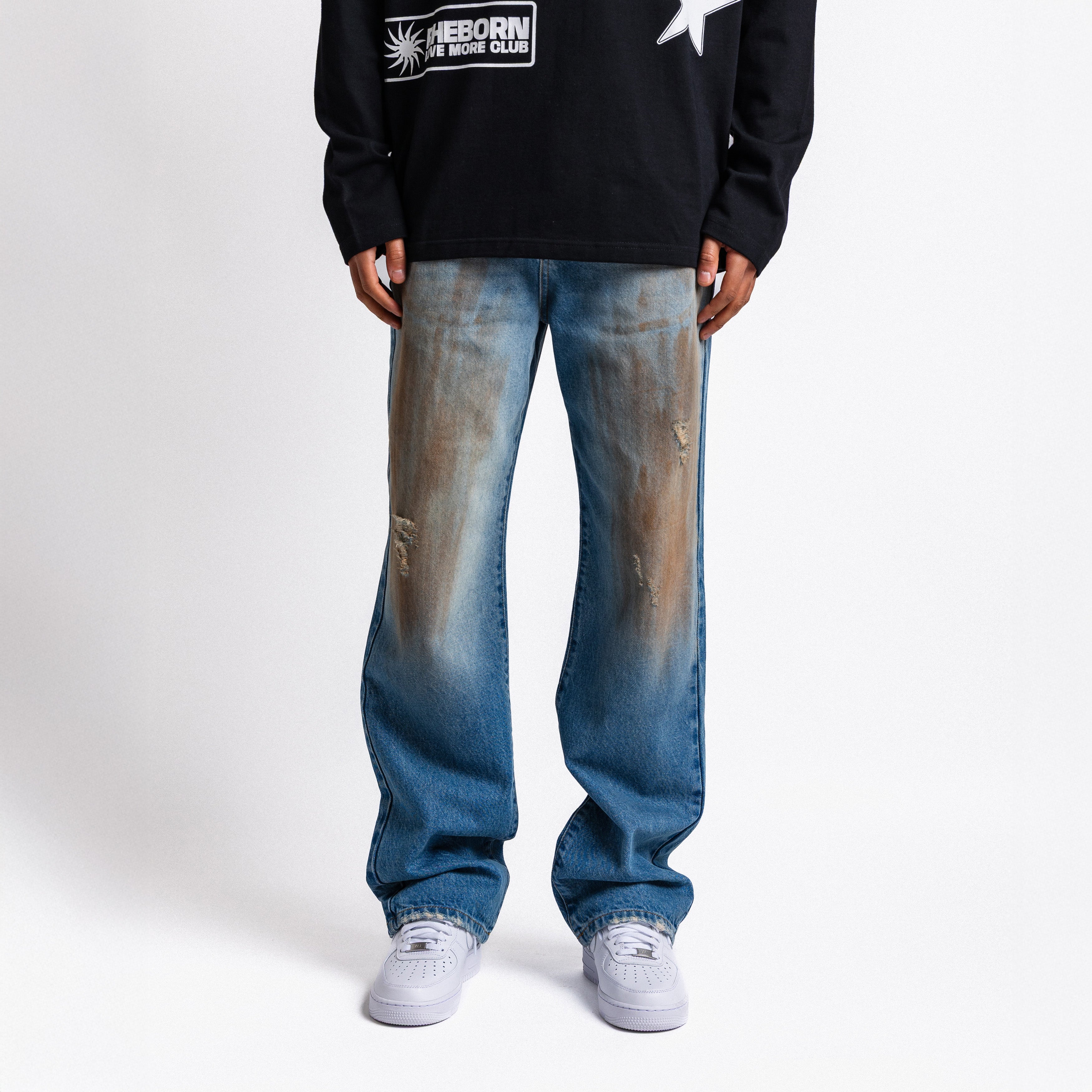 Light Blue Dirty Washed Straight Leg Jeans